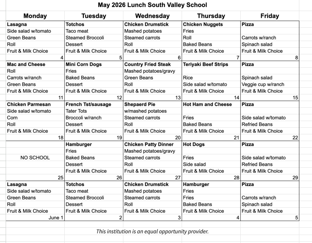 Lunch Menu May 26