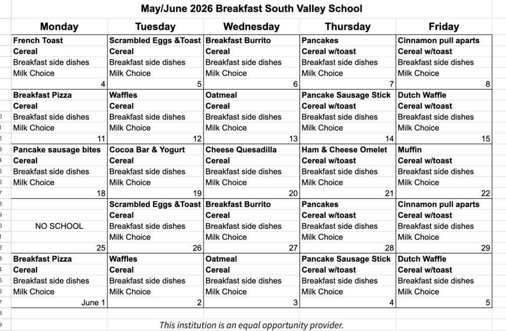 Breakfast Menu May 26 