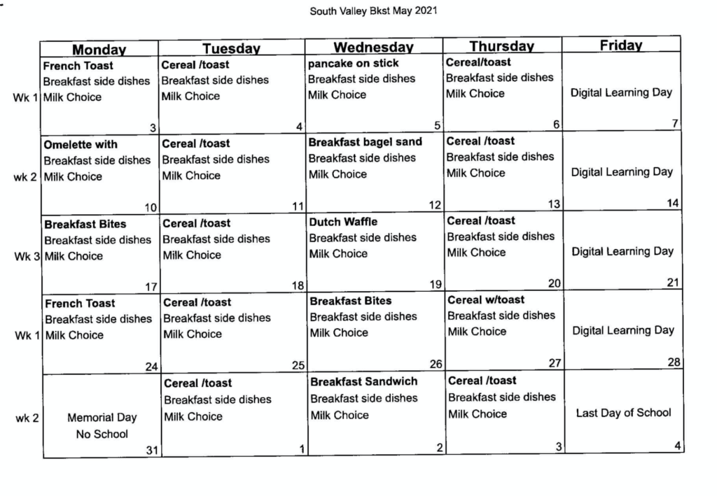 Breakfast and Lunch Menus and Information – South Valley School