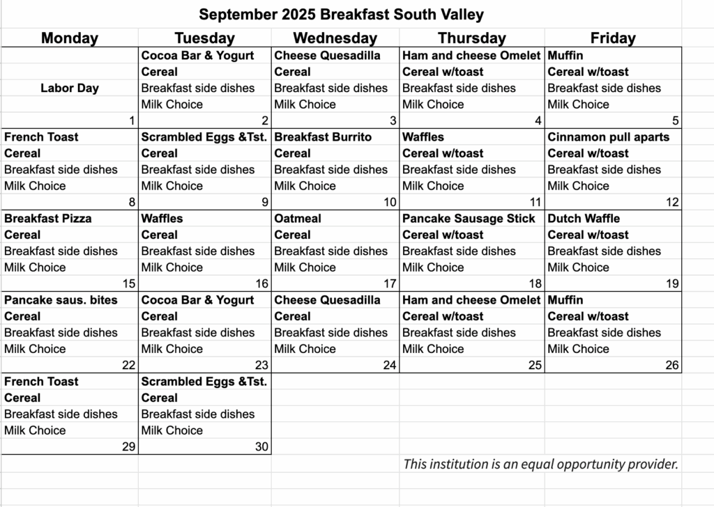 Breakfast menu Sept. 25