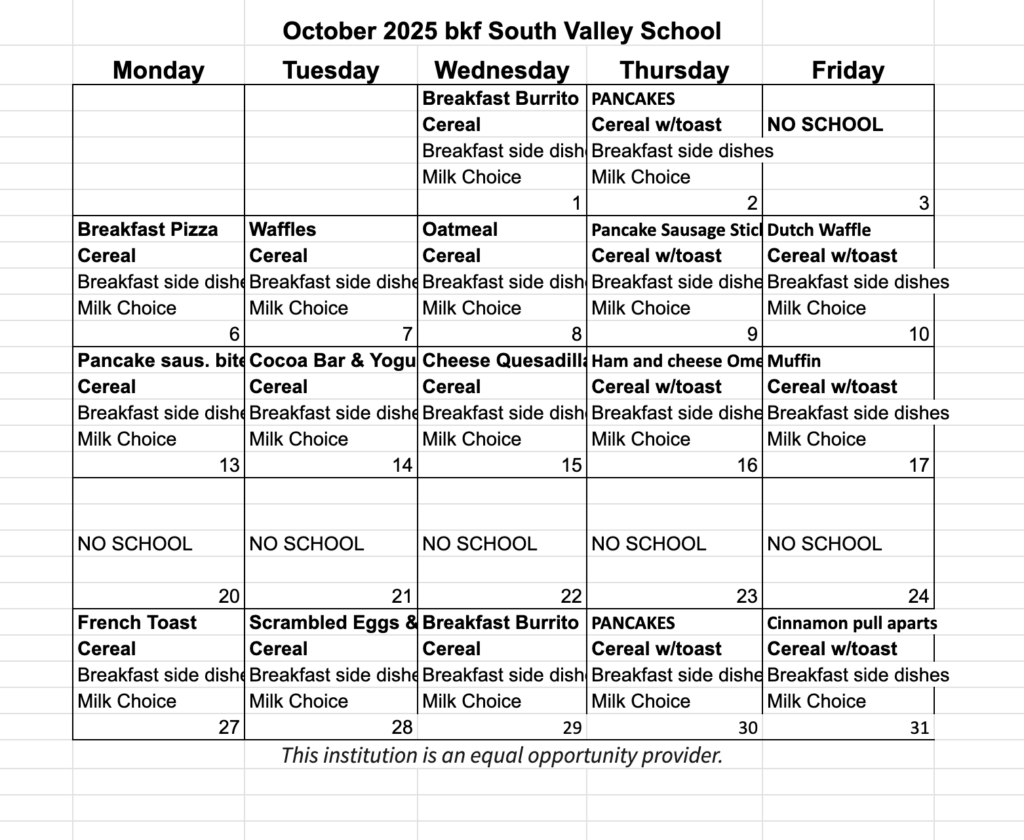 Breakfast Menu October 2025