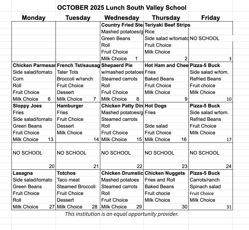 Lunch Menu October 2025