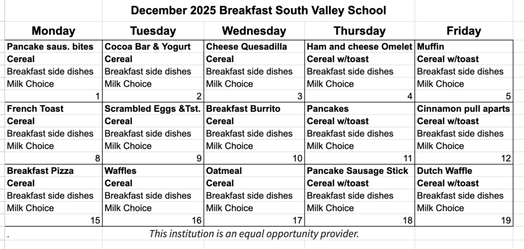 Breakfast Menu Dec 25