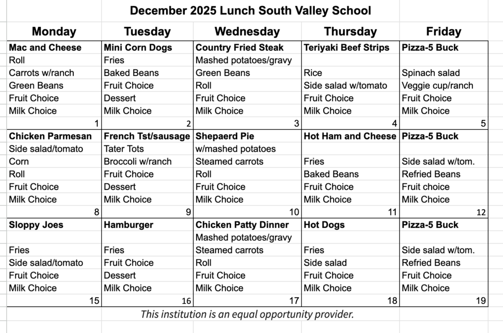 Lunch menu Dec 25