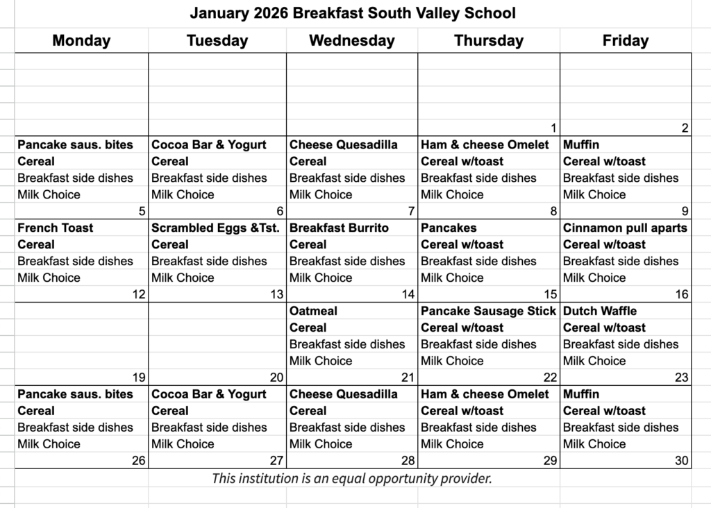 Breakfast menu Jan 26