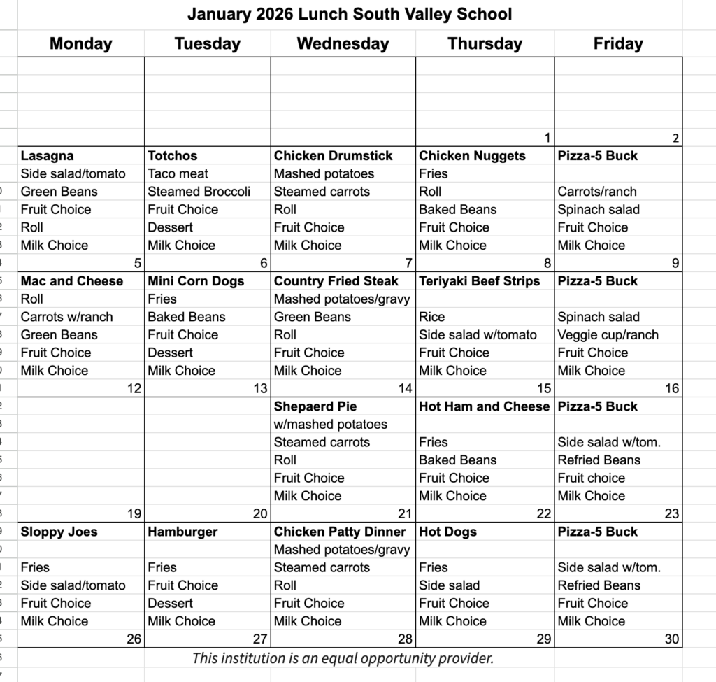 Lunch Menu Jan 26