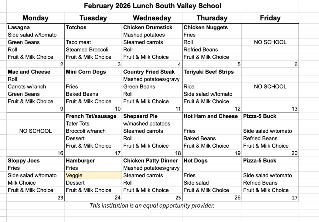Lunch Menu Feb 2026