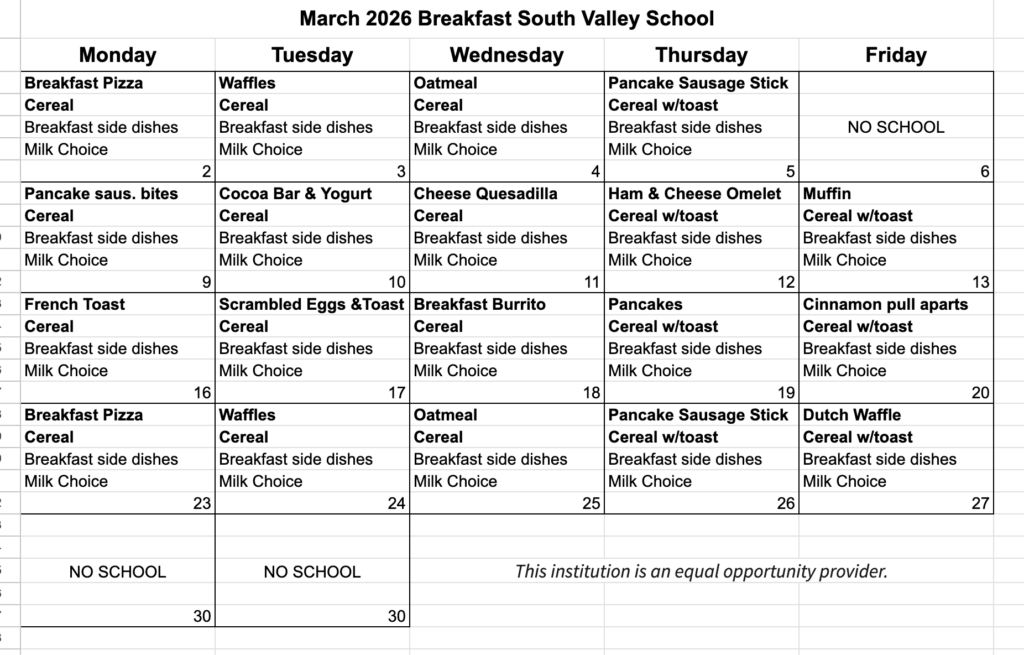 March 2026 Breakfast menu
