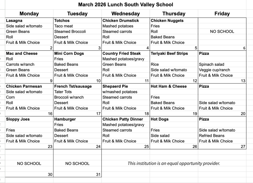 March 2026 Lunch Menu