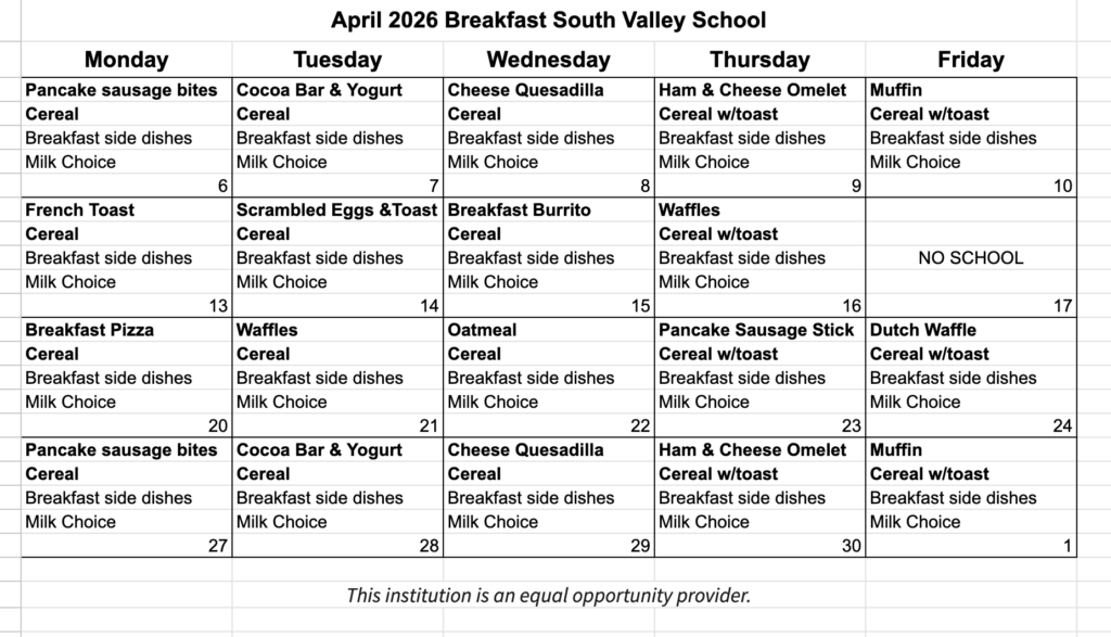 April 26 Breakfast menu