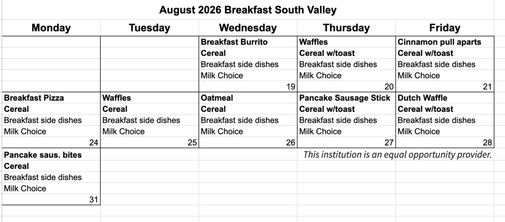 Breakfast Menu August 26