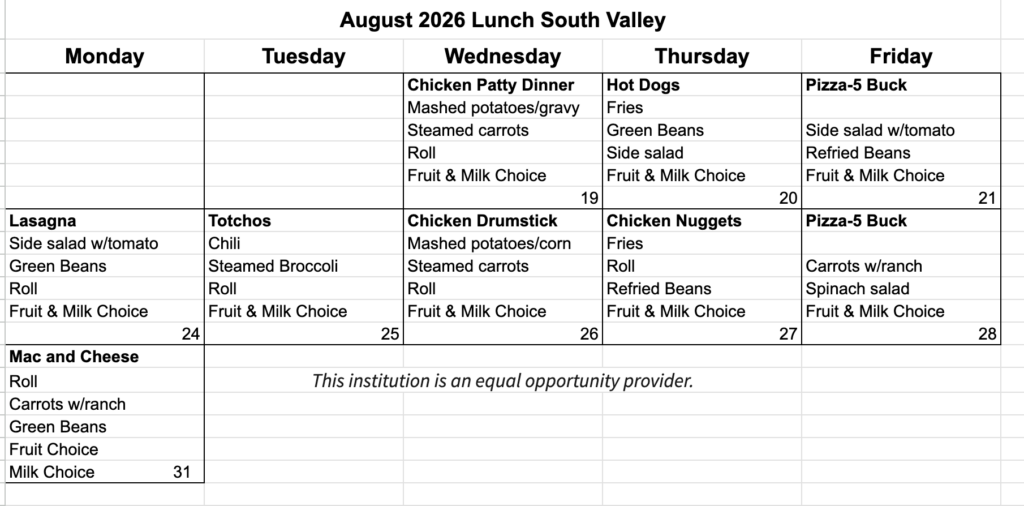 Lunch Menu August 2026