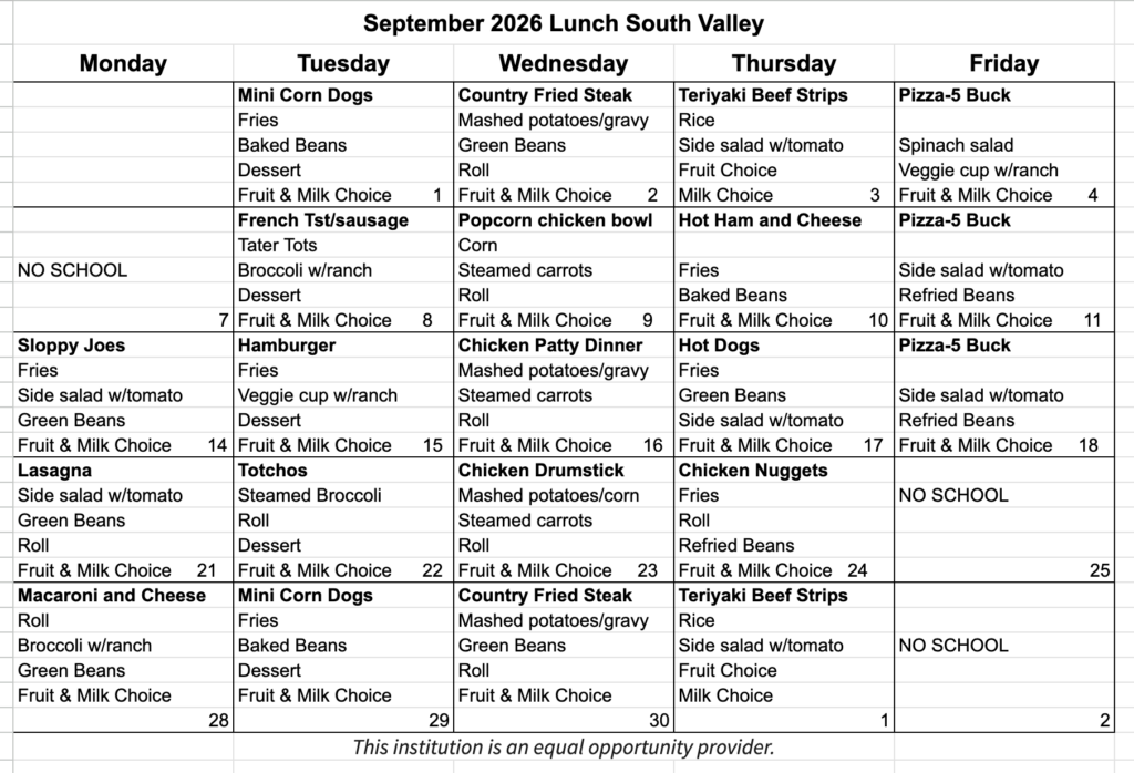 Lunch Menu Sep 2026