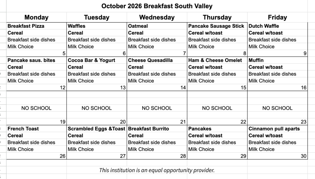 Breakfast Menu October 26
