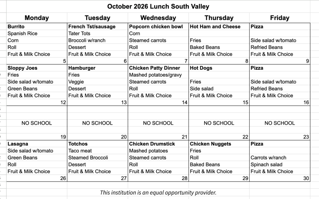 Lunch Menu October 26